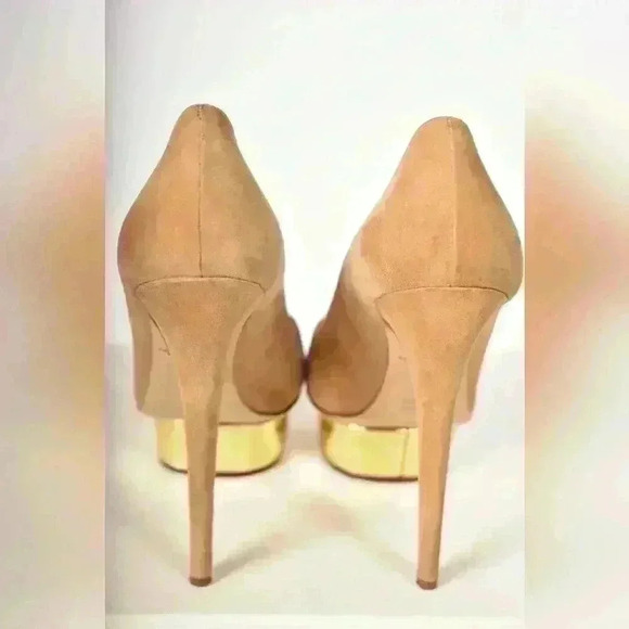 CHARLOTTE  OLYMPIA Beige Gold Metallic Dolly High Heel Suede Pumps 38.5EU Italy - Picture 5 of 8